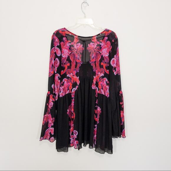 Free People Printed Symphony Sheer Slip Tunic Paisley Bell Sleeve Dress - Picture 2 of 10